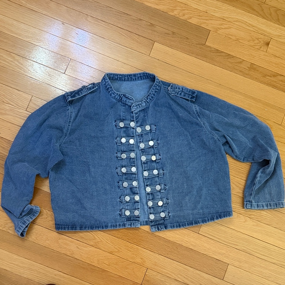 Denim Military-Style Cropped Jacket - Blue